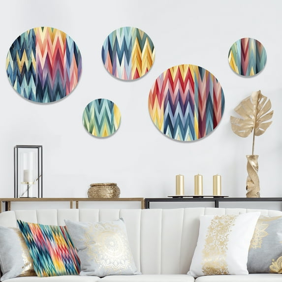 Designart "Watercolor Blue Delight" Chevron Round Wall Art Set Of 5 - Blue Glam Living Room Wall Metal Art Set