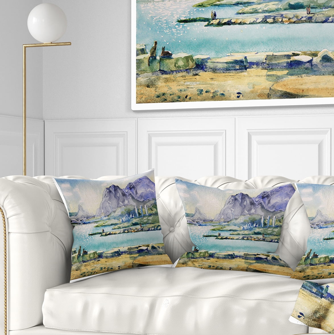 Designart Watercolor Blue Hills - Landscape Printed Throw Pillow - 18x18