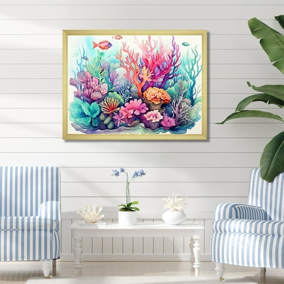 Designart "Watercolor Coastal Coral I" Animals Framed Wall Art Decor - Coastal Coral Coastal Coral Under Water Entryway Framed Wall Art