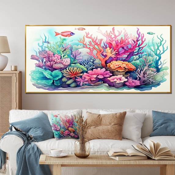 Designart "Watercolor Coastal Coral I" Oversized Animals Framed Wall Art - Coastal Coral Coastal Coral Under Water Entryway Framed Wall Art Print