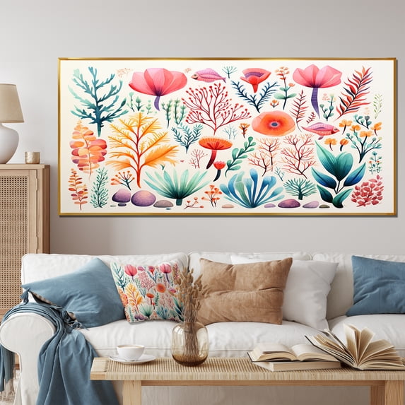 Designart "Watercolor Coastal Coral II" Extra Large Animals Framed Wall Art - Coastal Coral Coastal Coral Under Water Entryway Framed Wall Art