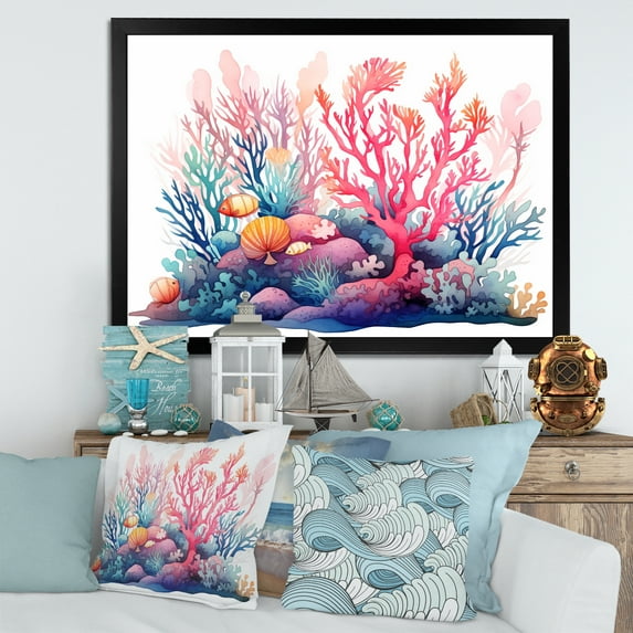 Designart "Watercolor Coastal Coral III" Animals Framed Wall Art Decor - Coastal Coral Coastal Coral Under Water Bedroom Framed Canvas Wall Art