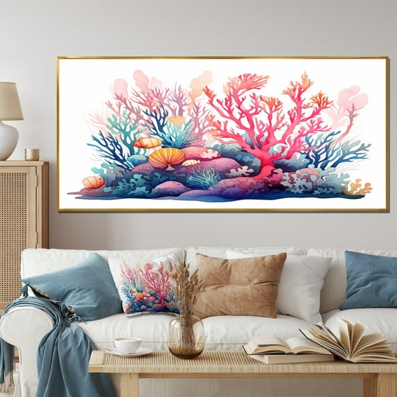 Designart "Watercolor Coastal Coral III" Oversized Animals Framed Wall Art - Coastal Coral Coastal Coral Under Water Hallway Framed Wall Art Decor