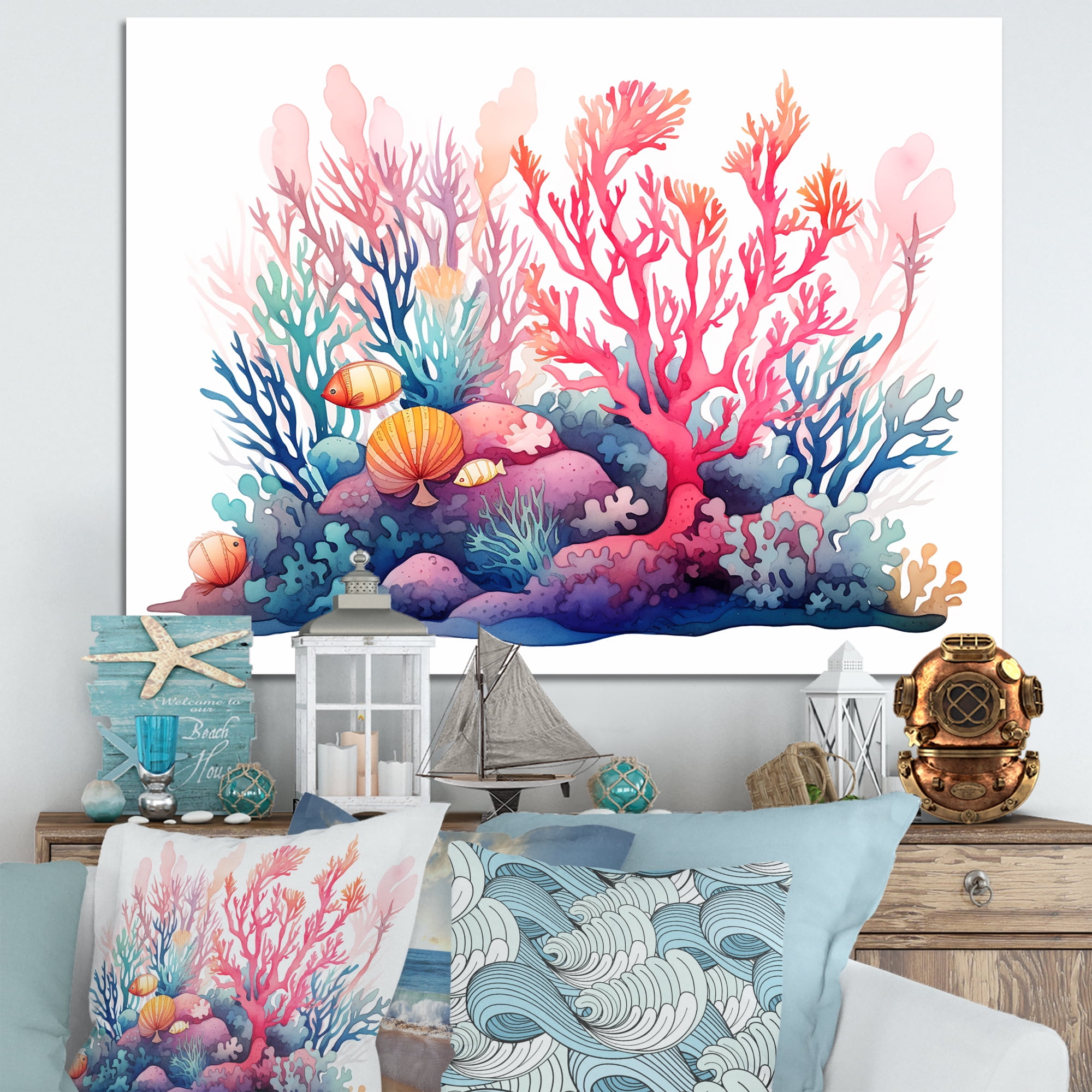 Watercolor Coastal Coral III Canvas Art with Pine Wood Frame