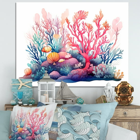 Designart "Watercolor Coastal Coral III" Oversized Animals Wall Art - Coastal Coral Coastal Coral Under Water Hallway Wall Art Decor
