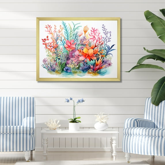 Designart "Watercolor Coastal Coral IV" Animals Framed Wall Art Decor - Coastal Coral Coastal Coral Under Water Living Room Framed Canvas Art