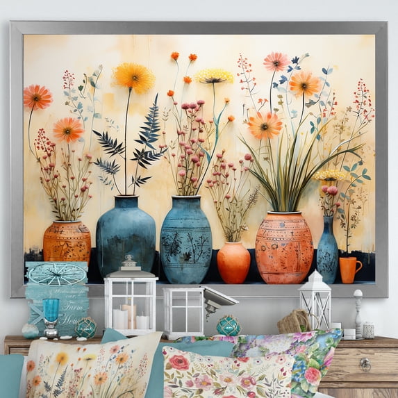 Designart "Watercolor Depiction of Floral Pottery in Blue IV" Geometric Framed Wall Art Decor - Bohemian Blue Boho Pottery Living Room Framed Canvas Art