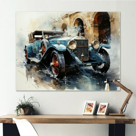 Designart "Watercolor Depiction Of Retro Car" Car Vintage Canvas Wall Art