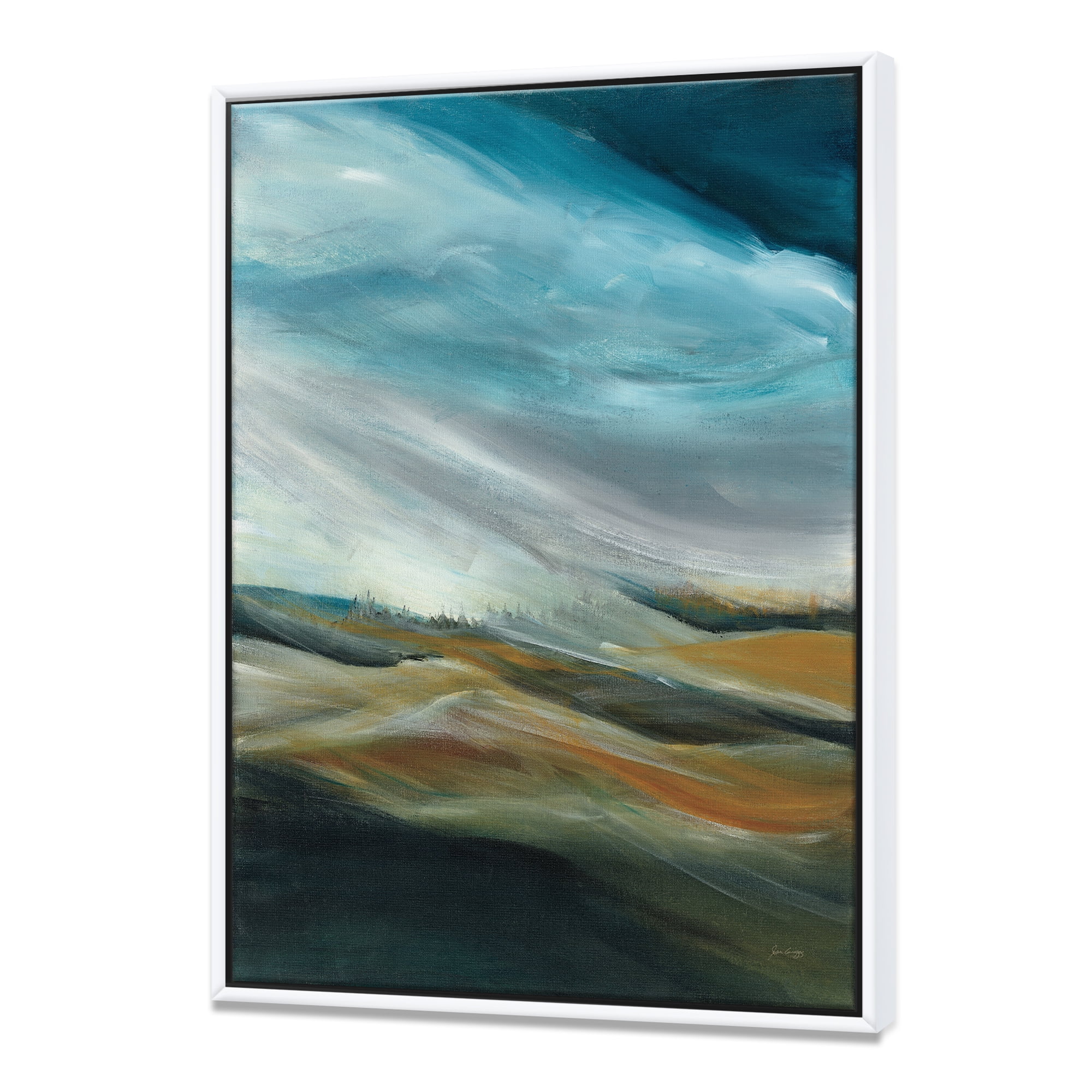 Large Blue and Brown Abstract Canvas Print with White Wood Frame