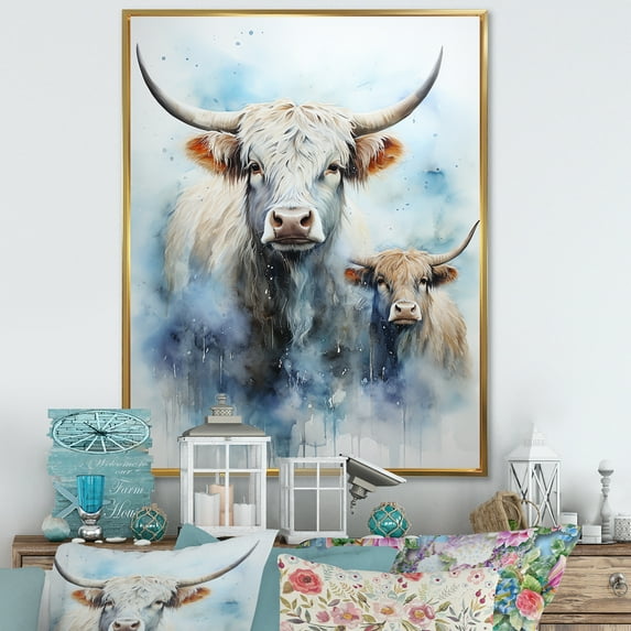 Designart "Watercolor Family Of Highland Yaks" Yaks Floater Framed Wall Art Living Room