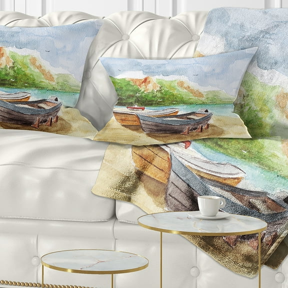 Designart Watercolor Fishing Boats - Landscape Printed Throw Pillow - 12x20