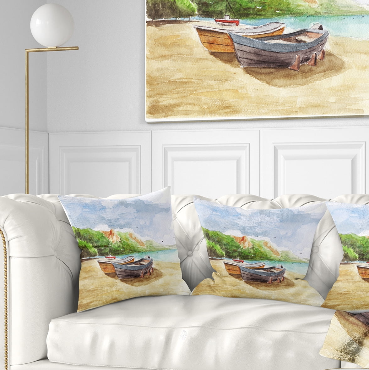 Designart Watercolor Fishing Boats - Landscape Printed Throw Pillow - 16x16