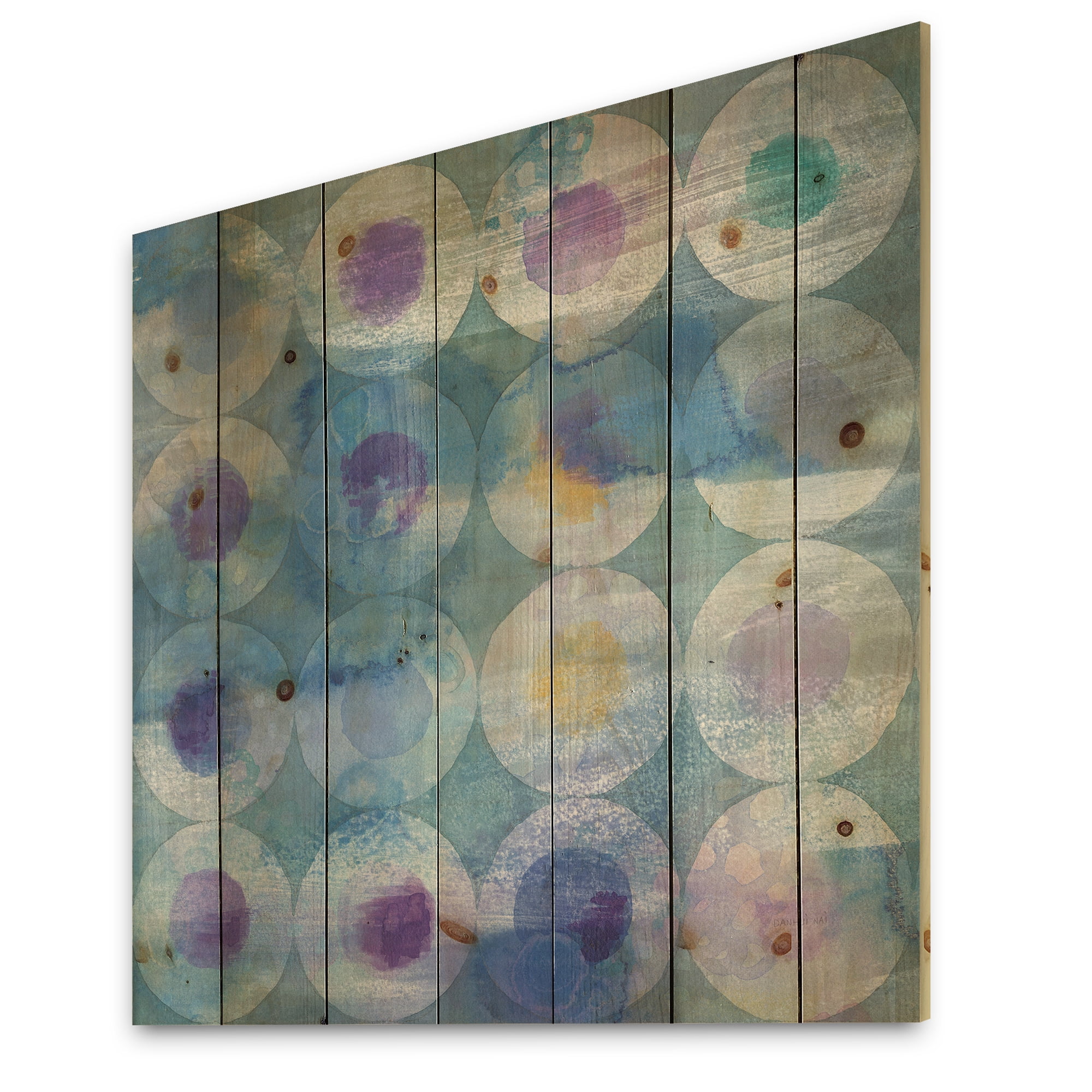 Designart 'Watercolor Geometrical Circles I' Mid-Century Modern Print on Natural Pine Wood