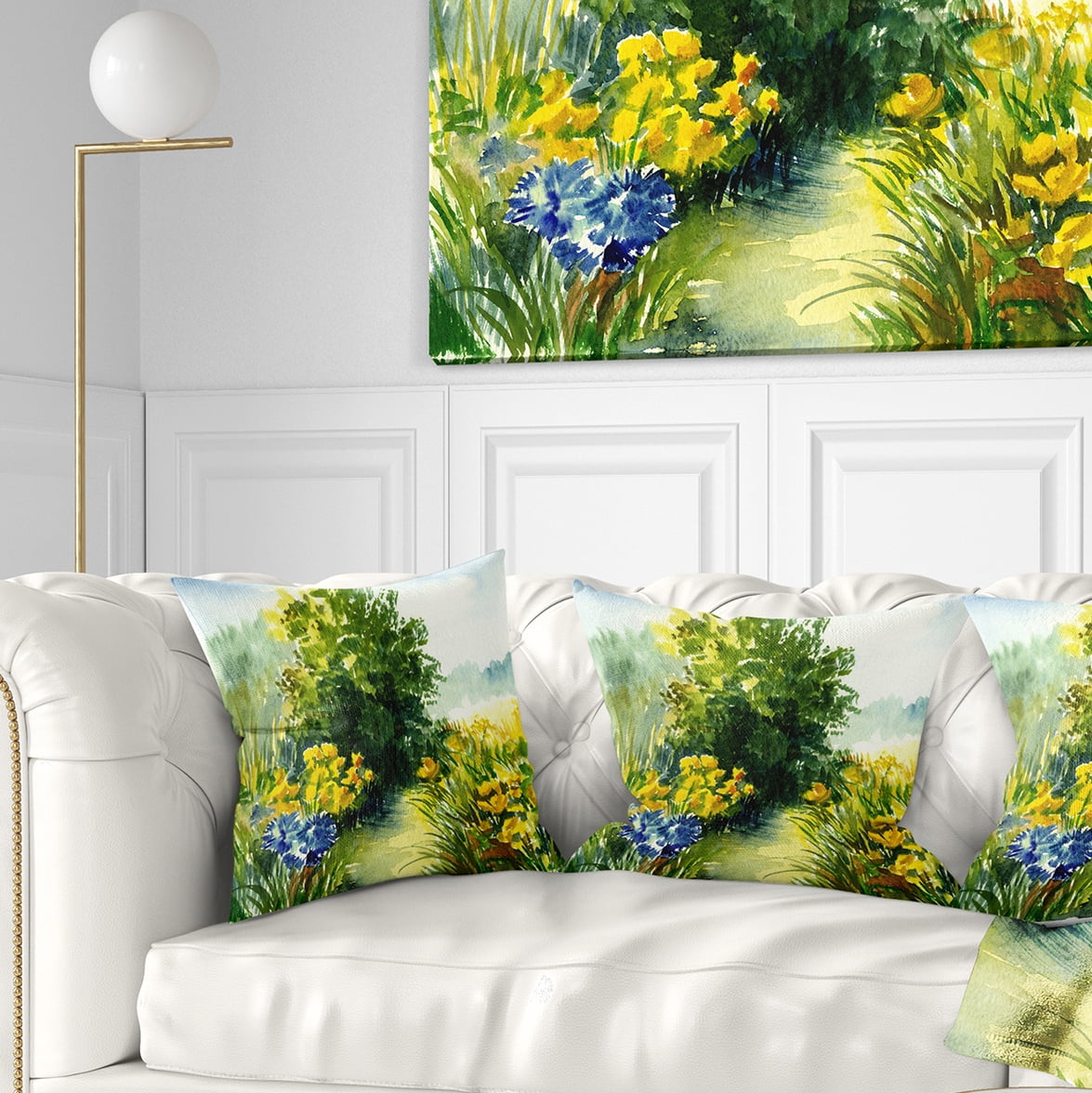 Designart Watercolor Greenery - Landscape Printed Throw Pillow - 16x16