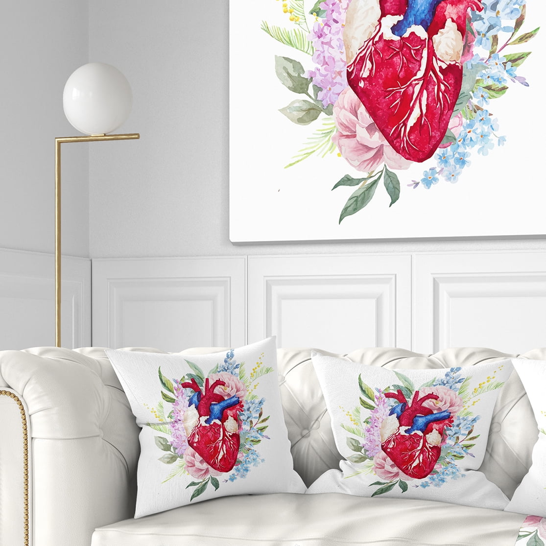 Designart Watercolor Heart with Flowers - Abstract Throw Pillow - 16x16