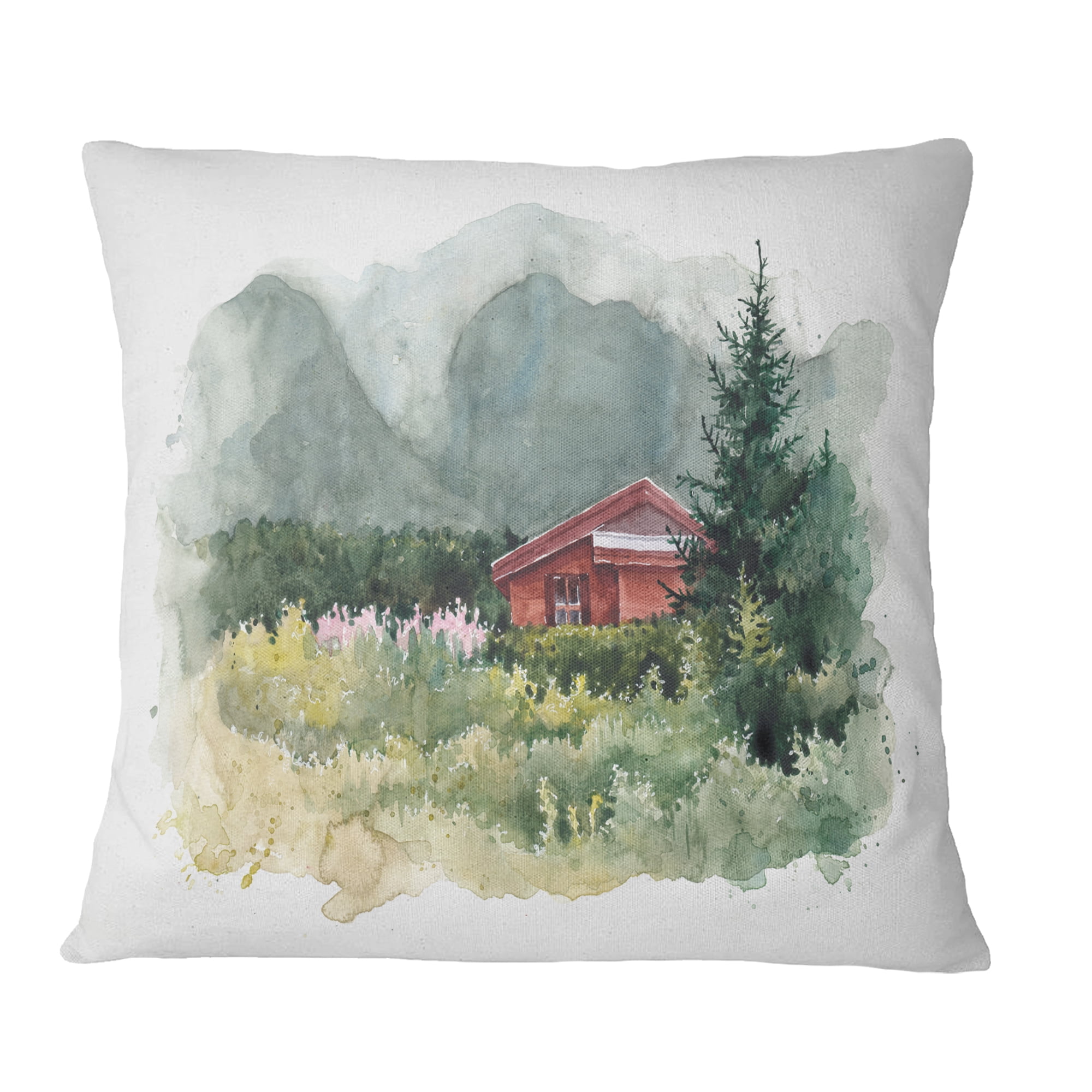 Designart Watercolor House Aad Mountains - Landscape Printed Throw Pillow - 16x16
