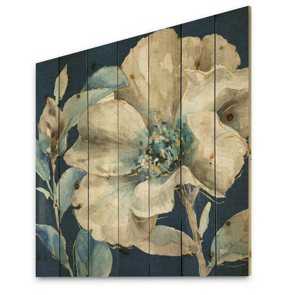Designart 'Watercolor Indigold Flower II' Farmhouse Print on Natural Pine Wood