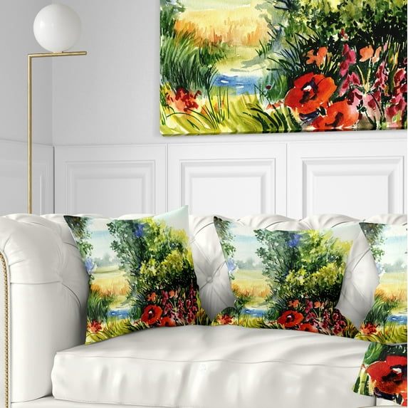 Designart Watercolor Landscape with Flowers - Landscape Printed Throw Pillow - 16x16