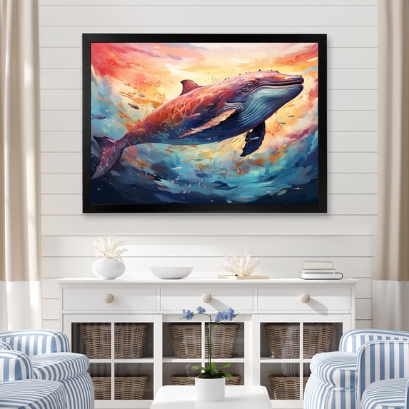 Designart "Watercolor Majesty Blue Dolphin" Animals Framed Wall Art Decor - Modern Farmhouse Blue Dolphin Living Room Framed Canvas Art