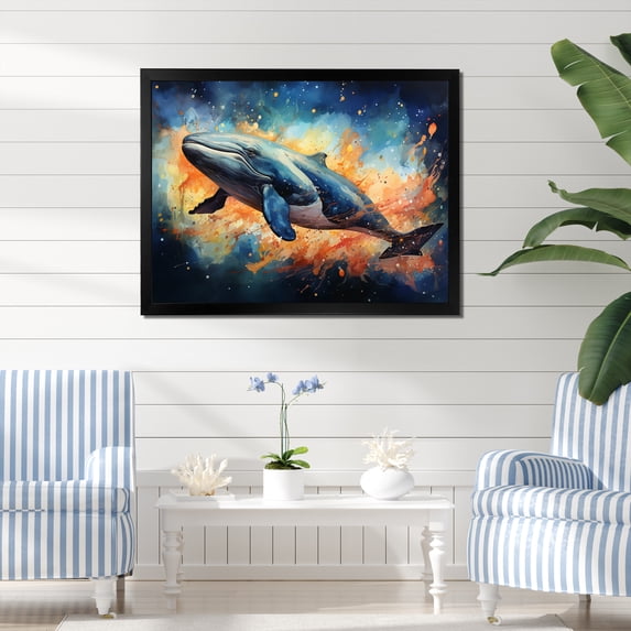 Designart "Watercolor Majesty Blue Whale" Animals Framed Wall Art Decor - Traditional Blue Whale Bedroom Framed Canvas Wall Art