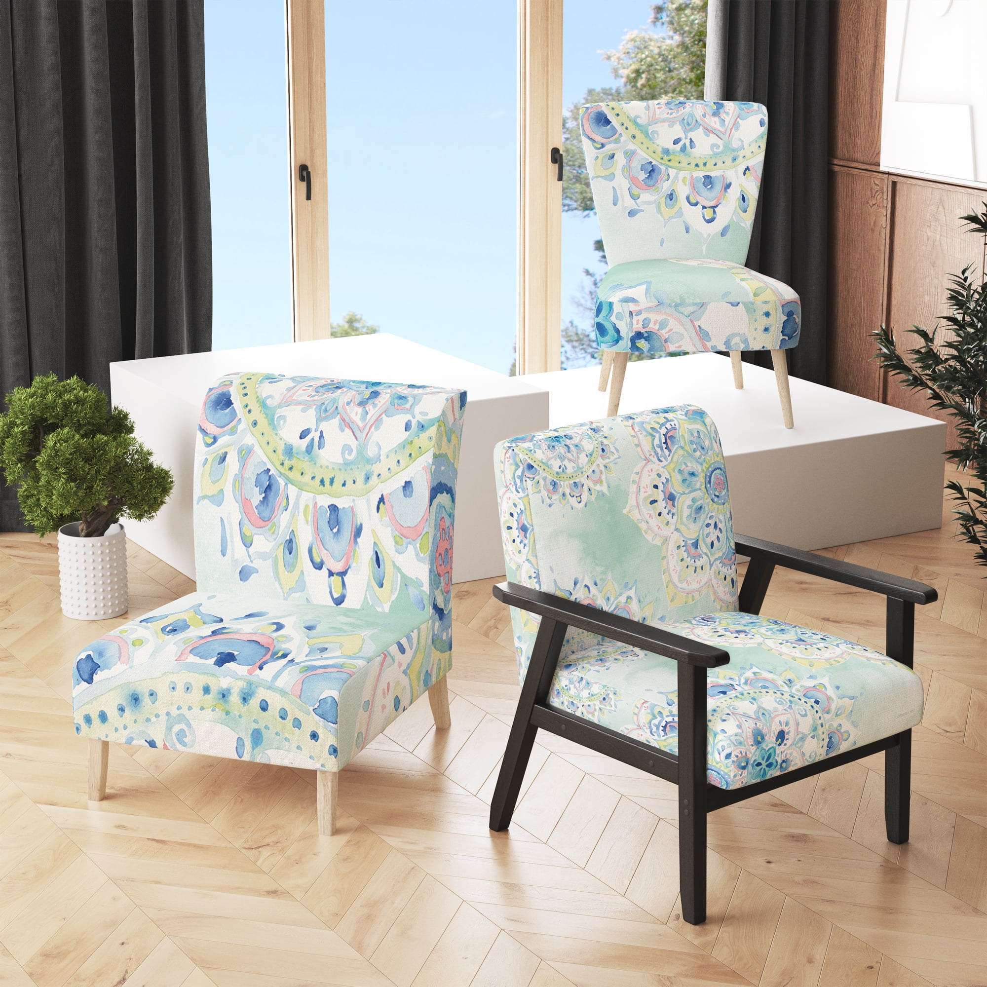 Blue Floral Watercolor Mandalas Slipper Accent Chair with Wooden Legs