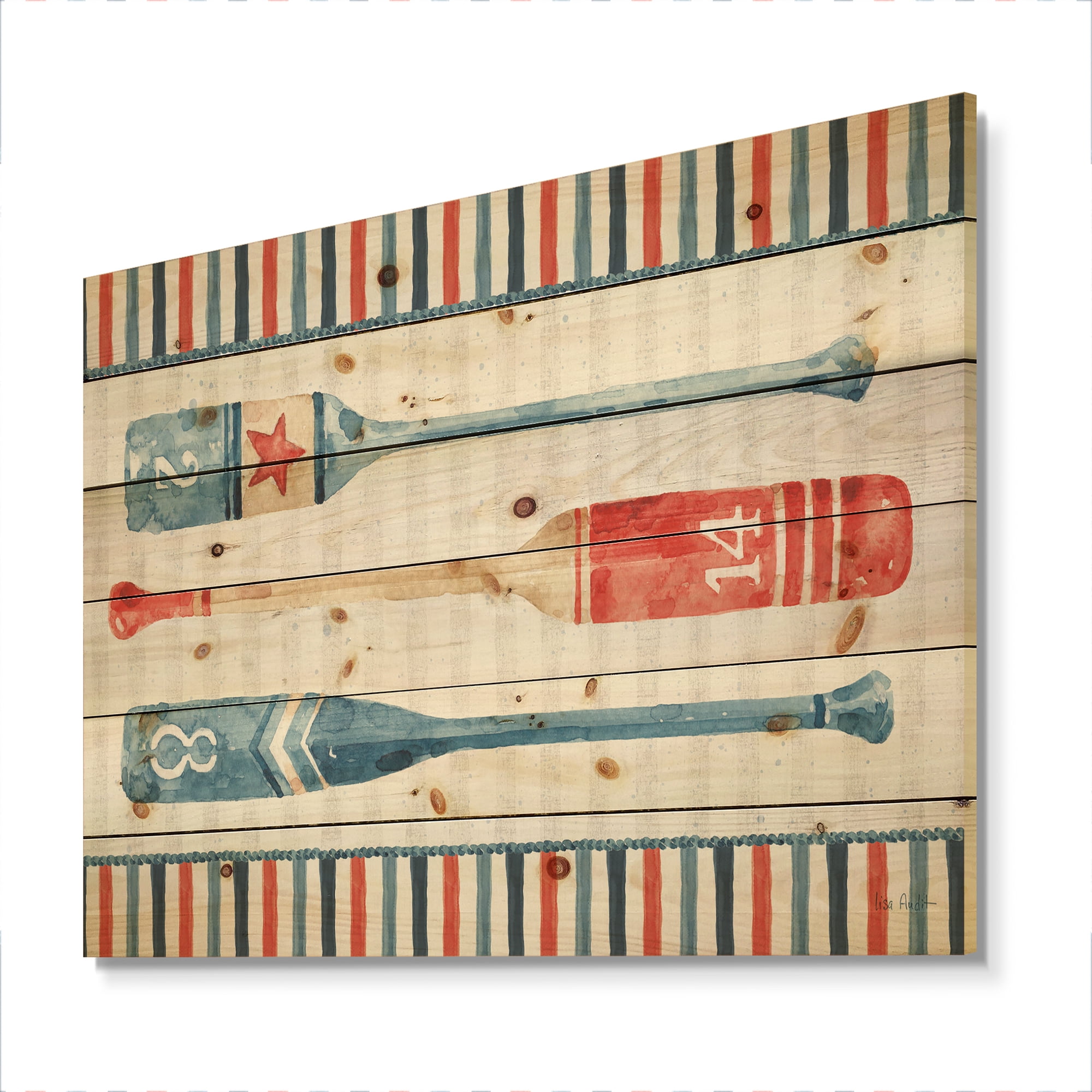 Designart 'Watercolor Nautical paddles' Nautical & Coastal Print on Natural Pine Wood