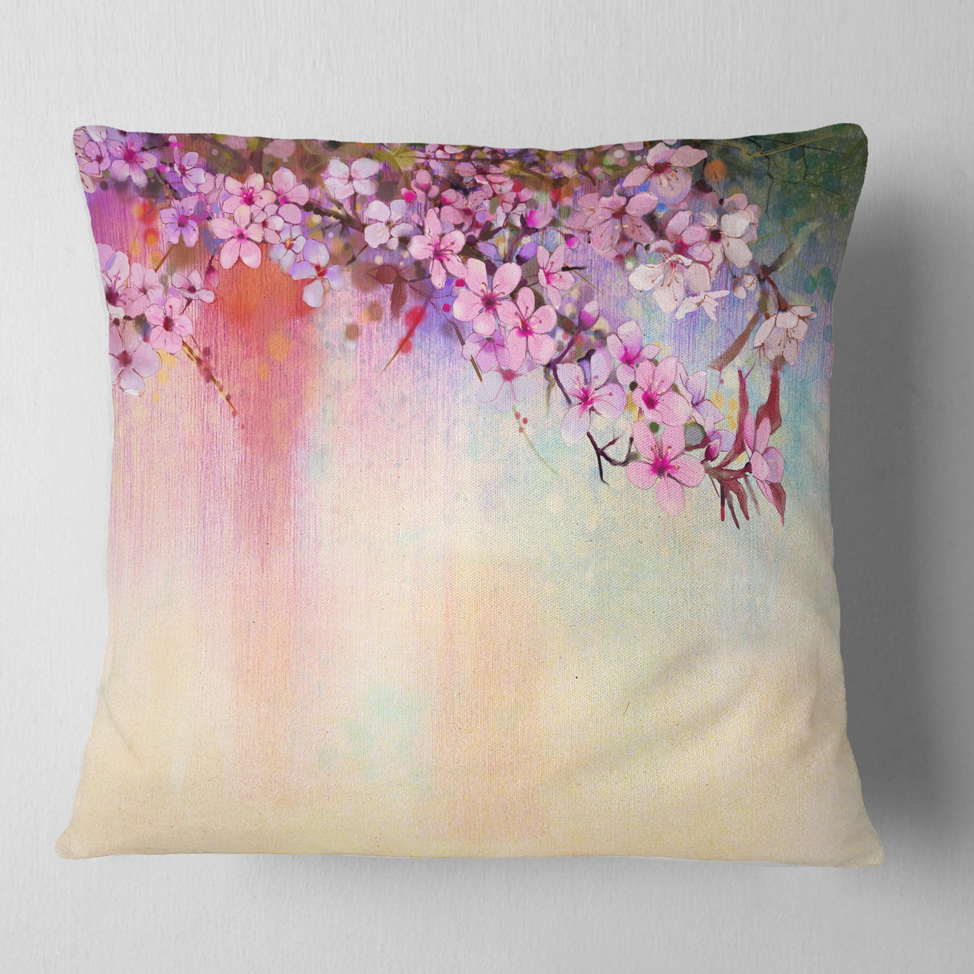 Designart Watercolor Painting Cherry Blossoms - Floral Throw Pillow - 16x16