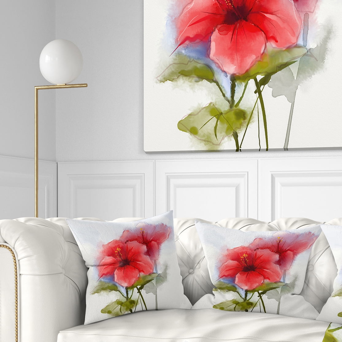 Designart Watercolor Painting Red Hibiscus Flower - Floral Throw Pillow - 16x16