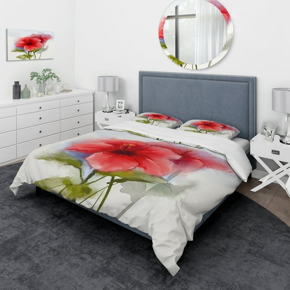 Designart 'Watercolor Painting Red Hibiscus Flower' Traditional Duvet Cover Set