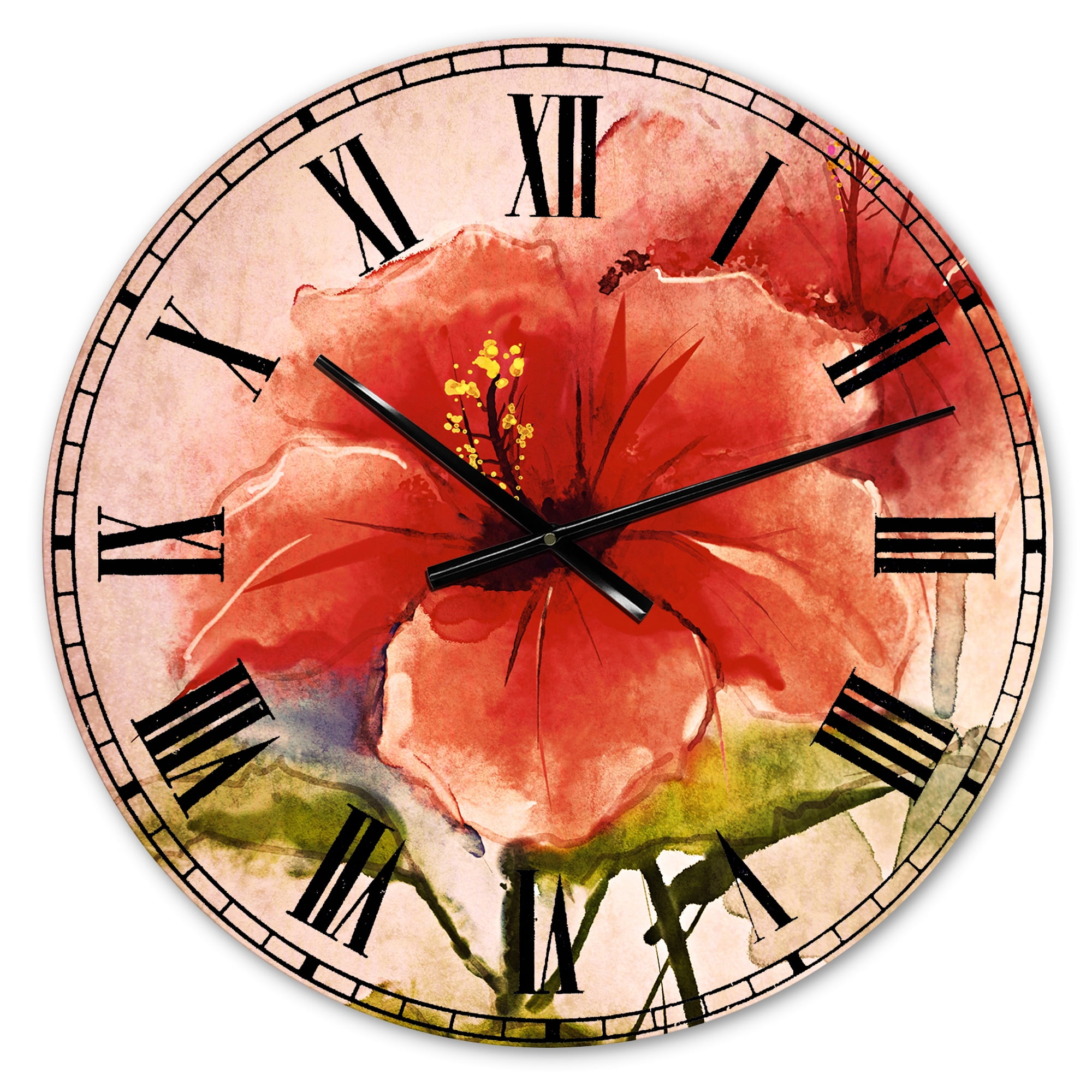 Designart 'Watercolor Painting Red Hibiscus Flower' Traditional wall clock