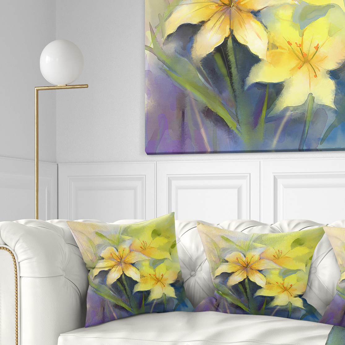 Designart Watercolor Painting Yellow Lily Flower - Floral Throw Pillow - 16x16