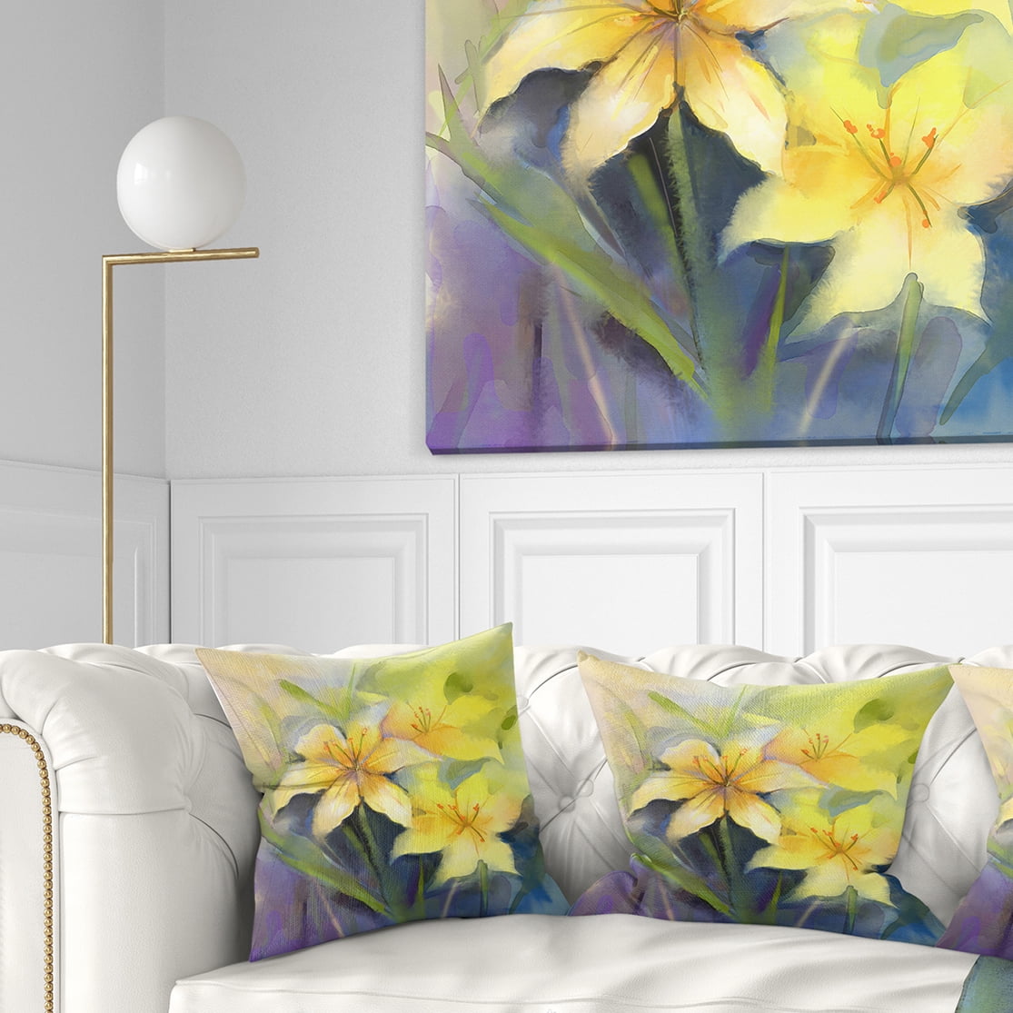 Designart Watercolor Painting Yellow Lily Flower - Floral Throw Pillow - 18x18