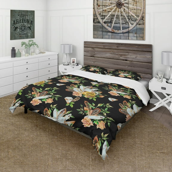 Designart 'Watercolor Painting of Chrystals, Feathers and Roses' Floral Duvet Cover Set
