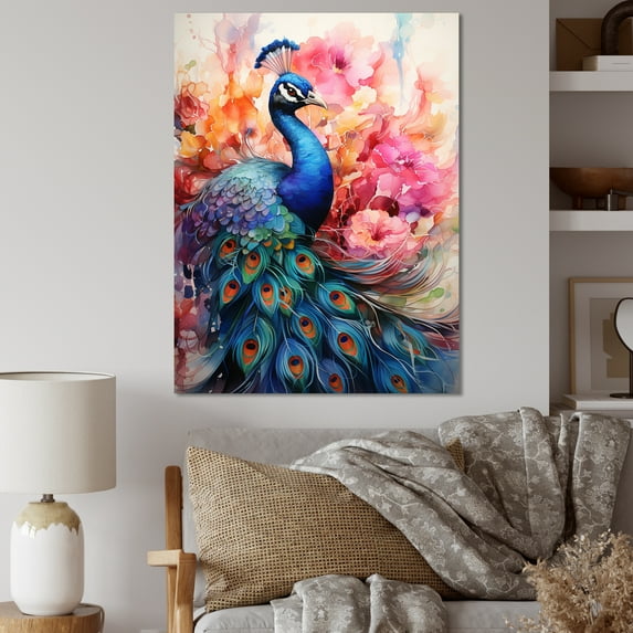 Designart "Watercolor Peacock Blue and Pink Splendor II" Animals Canvas Print