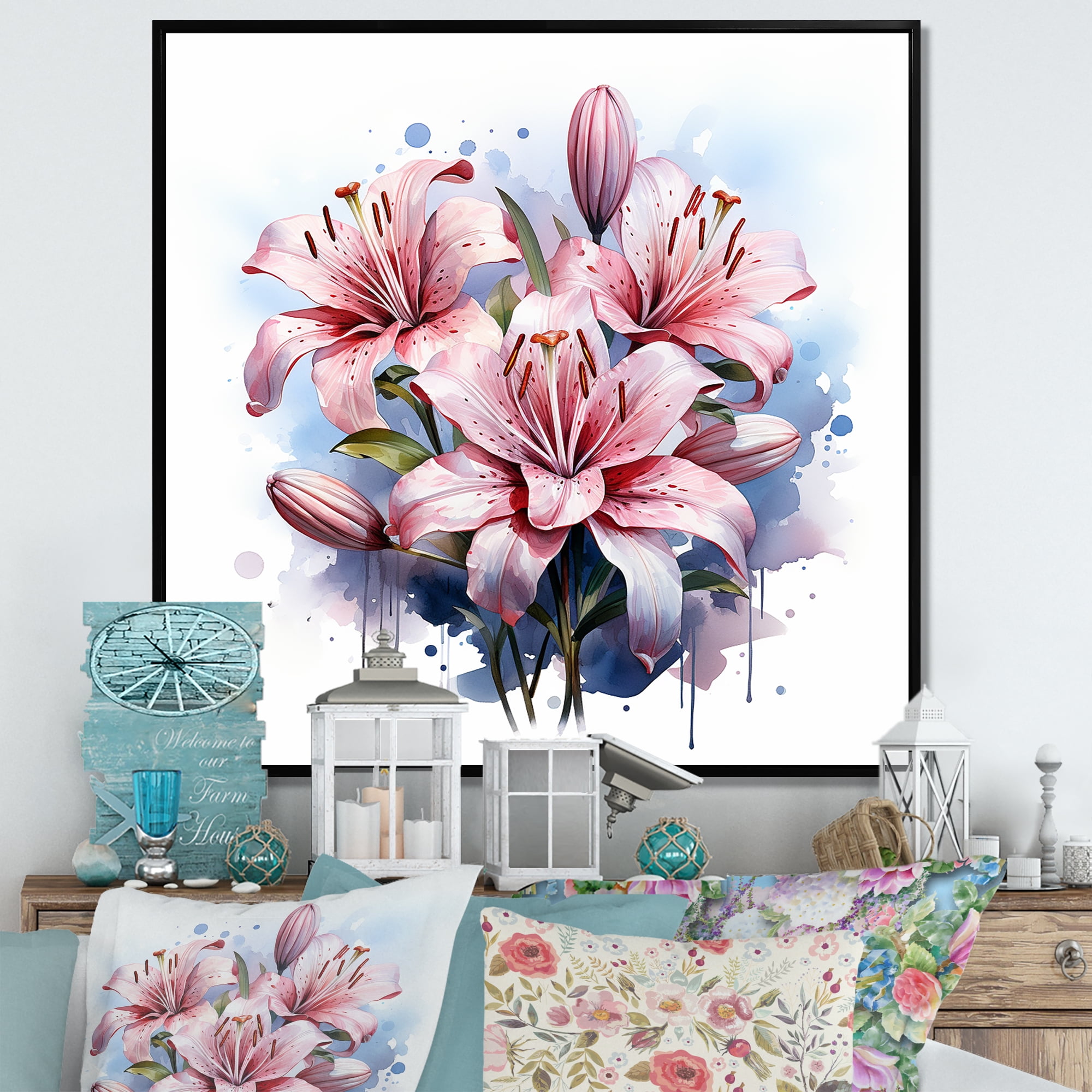 Designart "Watercolor Pink Lilies in Bloom I" Floral Framed Wall Art