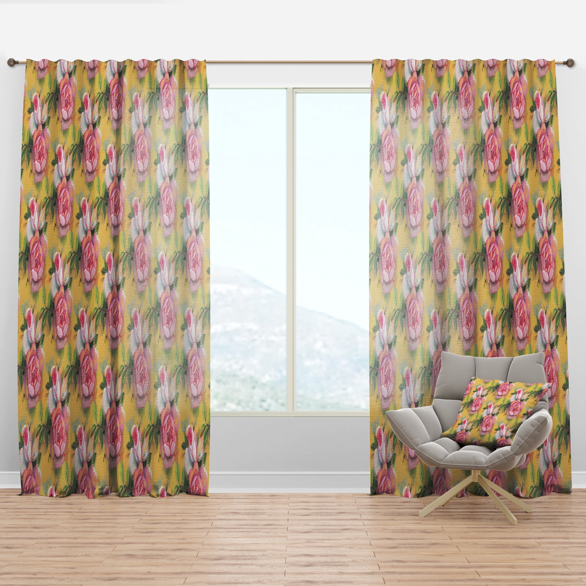Designart 'Watercolor Pink Roses' Mid-Century Modern Curtain Panel