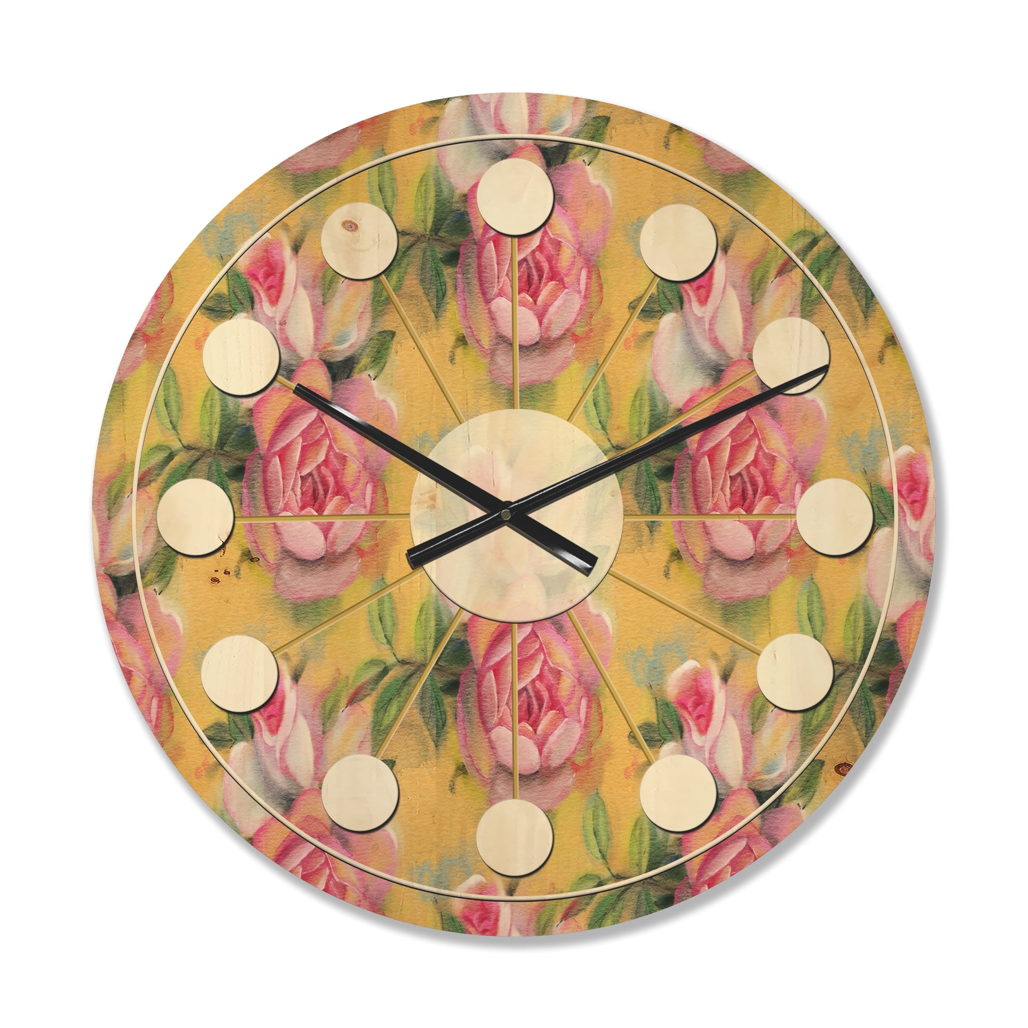 Designart 'Watercolor Pink Roses' Mid-Century Modern Wood Wall Clock