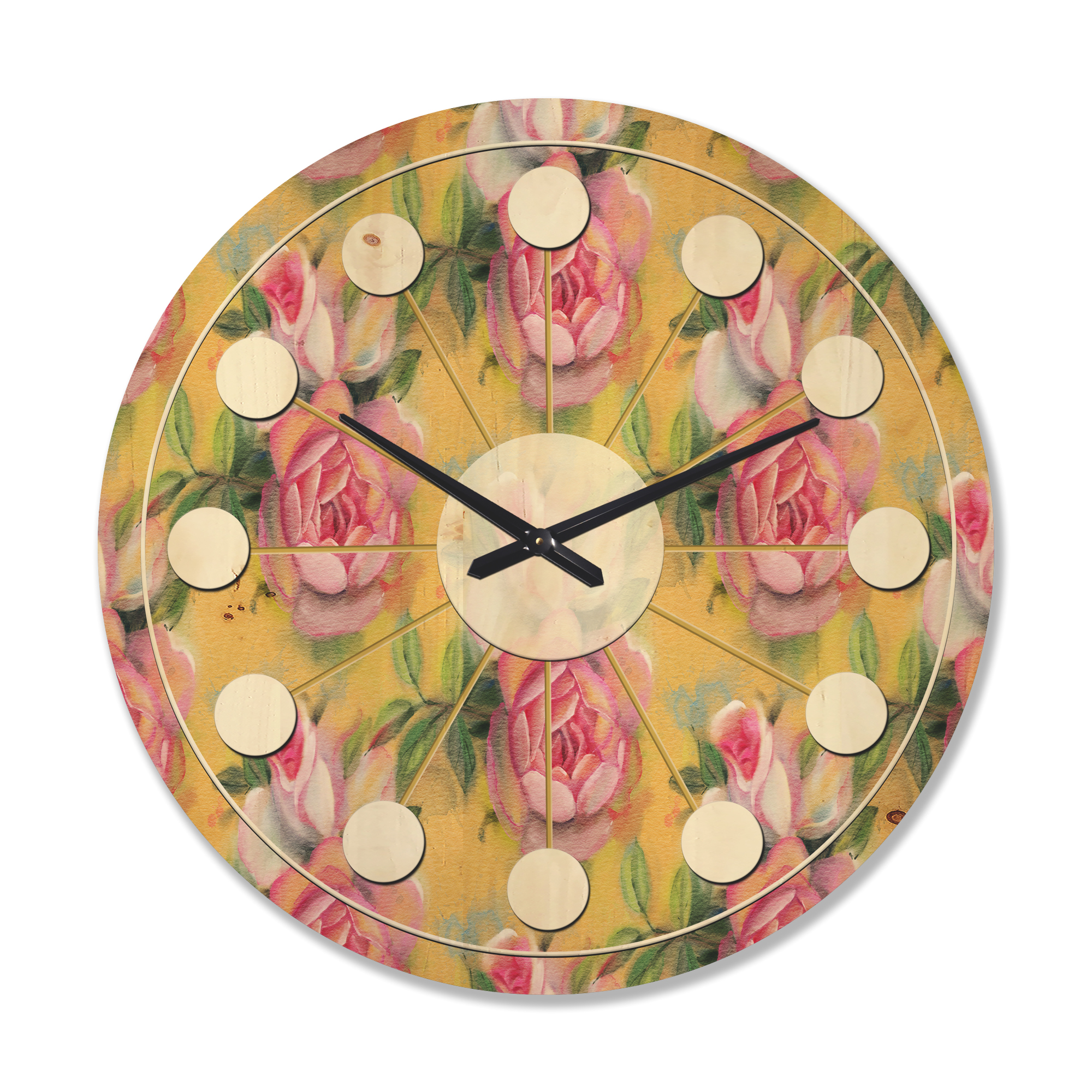Designart 'Watercolor Pink Roses' Mid-Century Modern Wood Wall Clock