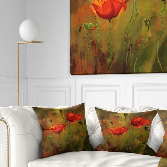 Designart Watercolor Poppy Flowers - Floral Throw Pillow - 16x16