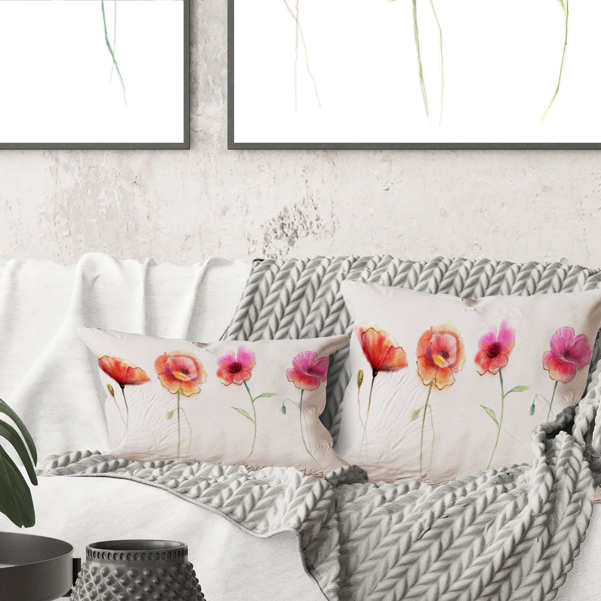 Designart Watercolor Poppy Flowers Sketch - Flower Throw Pillow - 16x16