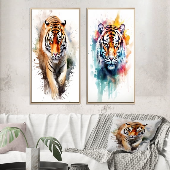 Designart "Watercolor Portrait of a Tiger I" Animals Tiger Framed Wall Art Set Of 2 - Children's Art Brown Gallery Wall Frame Set For Home Decor