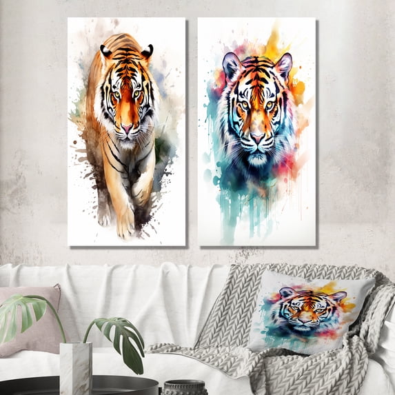 Designart "Watercolor Portrait of a Tiger I" Animals Tiger Wall Art Set Of 2 - Children's Art Brown Gallery Wall Set For Home Decor