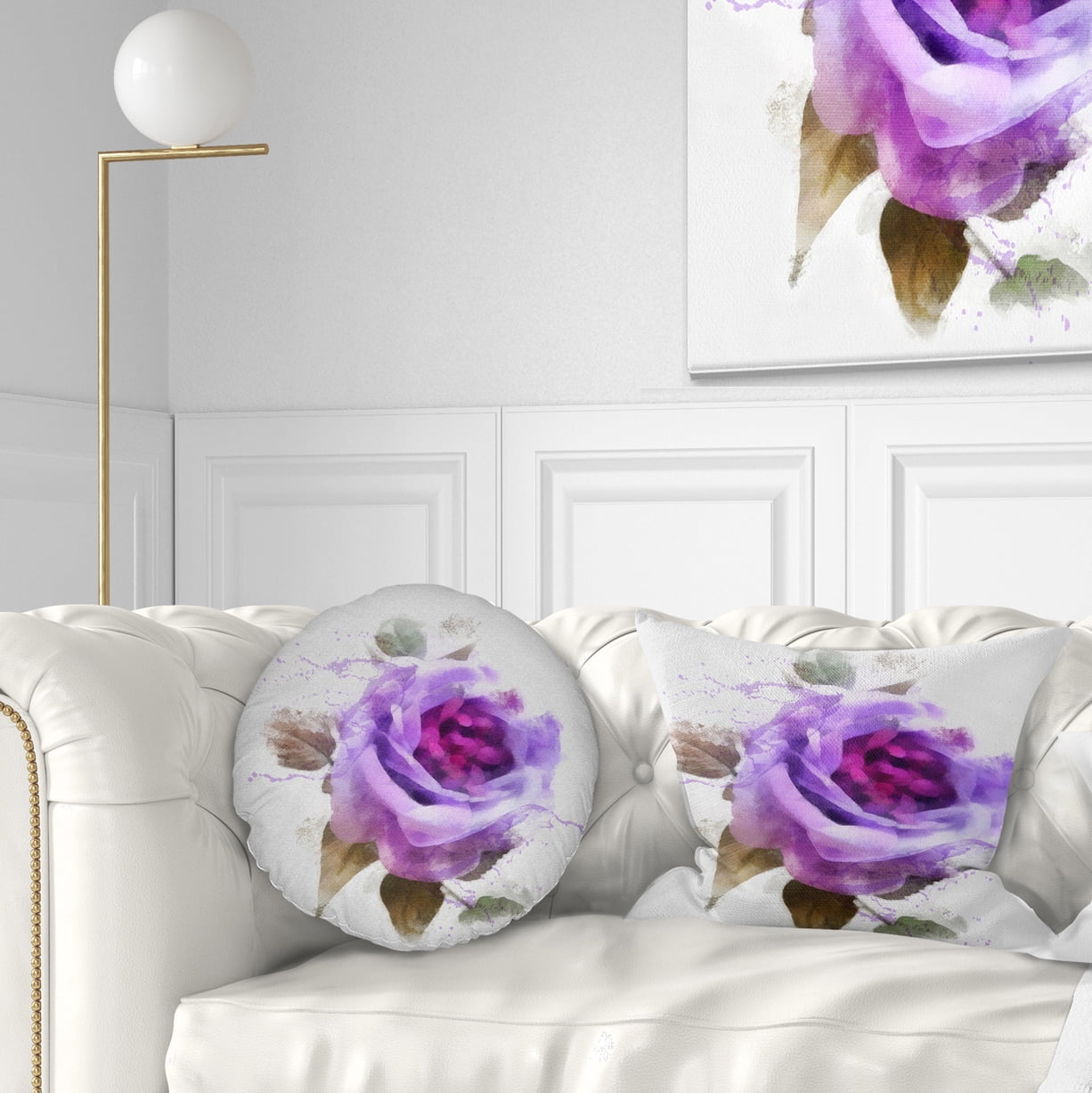 Designart Watercolor Purple Rose with Leaves - Floral Throw Pillow - 12x20