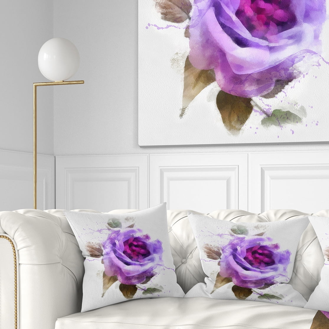 Designart Watercolor Purple Rose with Leaves - Floral Throw Pillow - 16x16