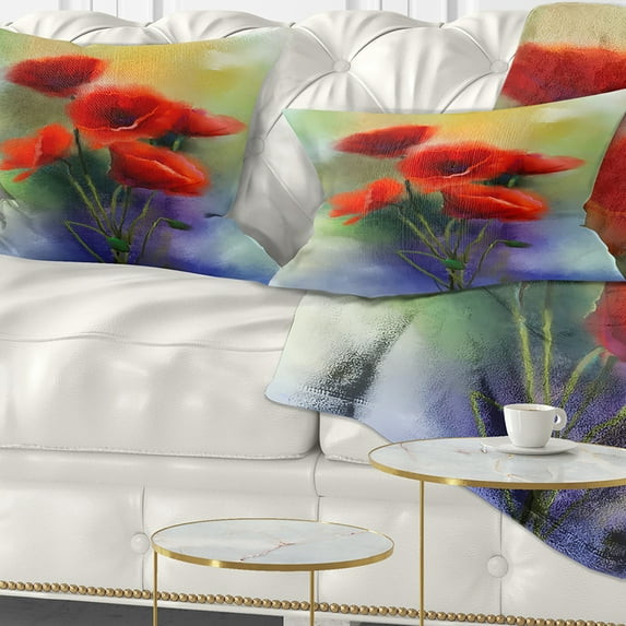 Designart Watercolor Red Poppy Flowers Painting - Floral Throw Pillow - 12x20