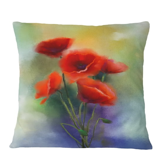 Designart Watercolor Red Poppy Flowers Painting - Floral Throw Pillow - 16x16