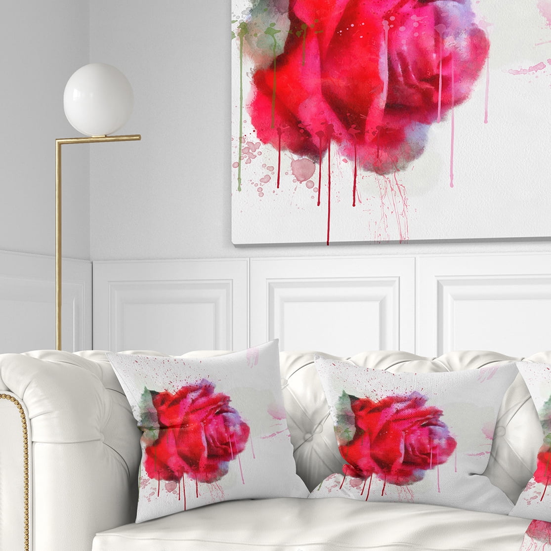 Designart Watercolor Red Rose Illustration - Floral Throw Pillow - 18x18