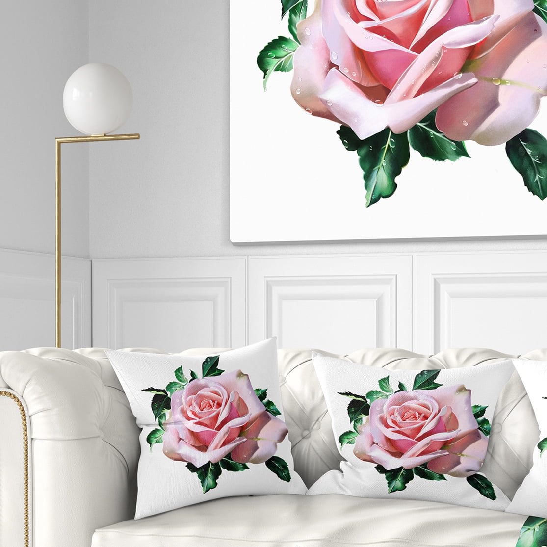Designart Watercolor Rose with Green Leaves - Floral Throw Pillow - 16x16