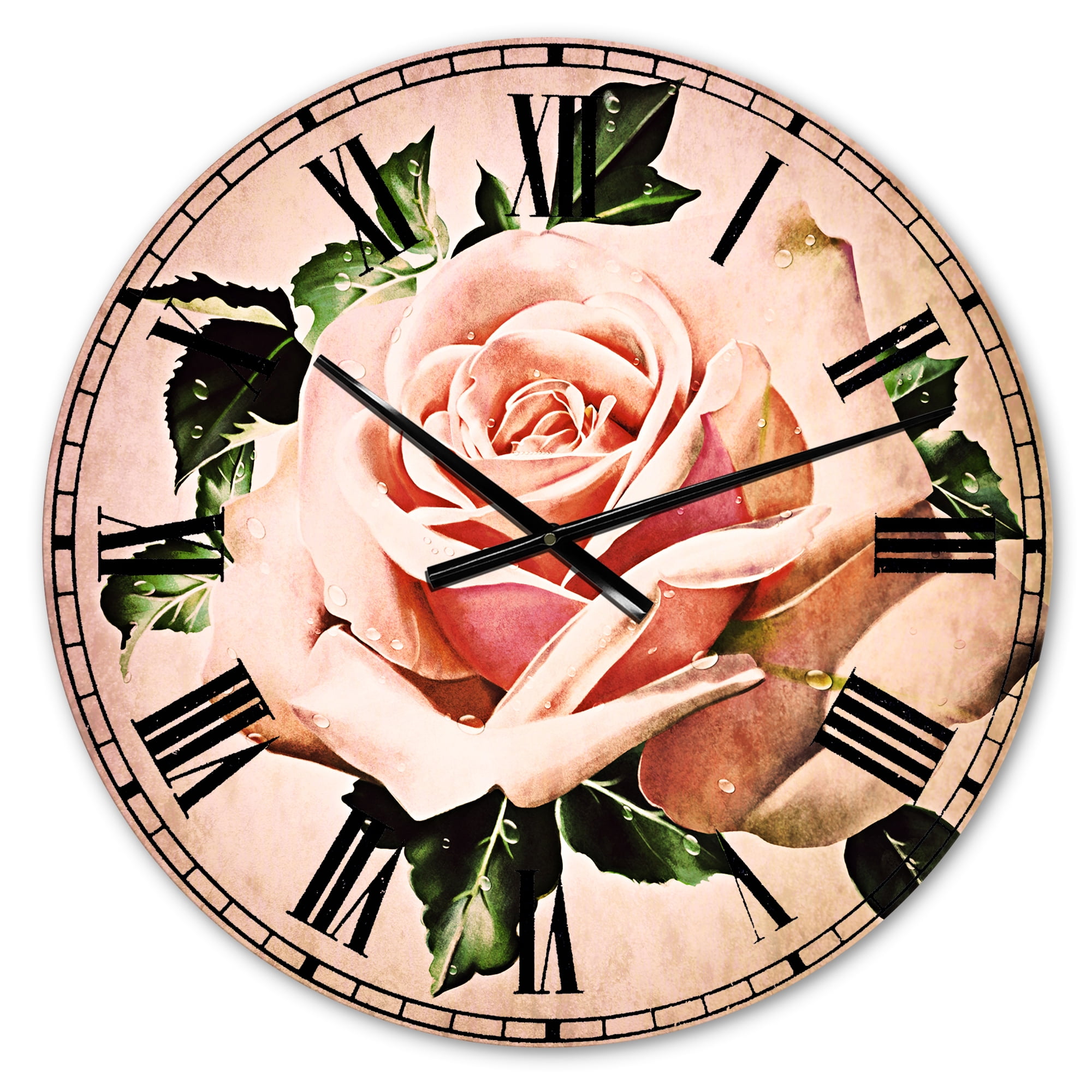 Designart 'Watercolor Rose with Green Leaves' Traditional wall clock