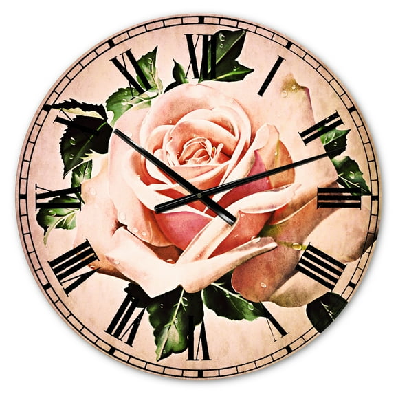 Designart 'Watercolor Rose with Green Leaves' Traditional wall clock